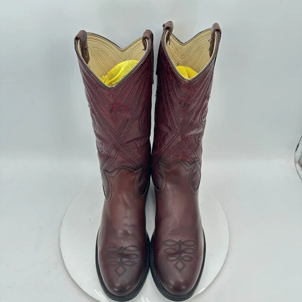 Miragum Men Size 10D Brown Burgundy Leather Slip Resistant Pull On Western Boot
